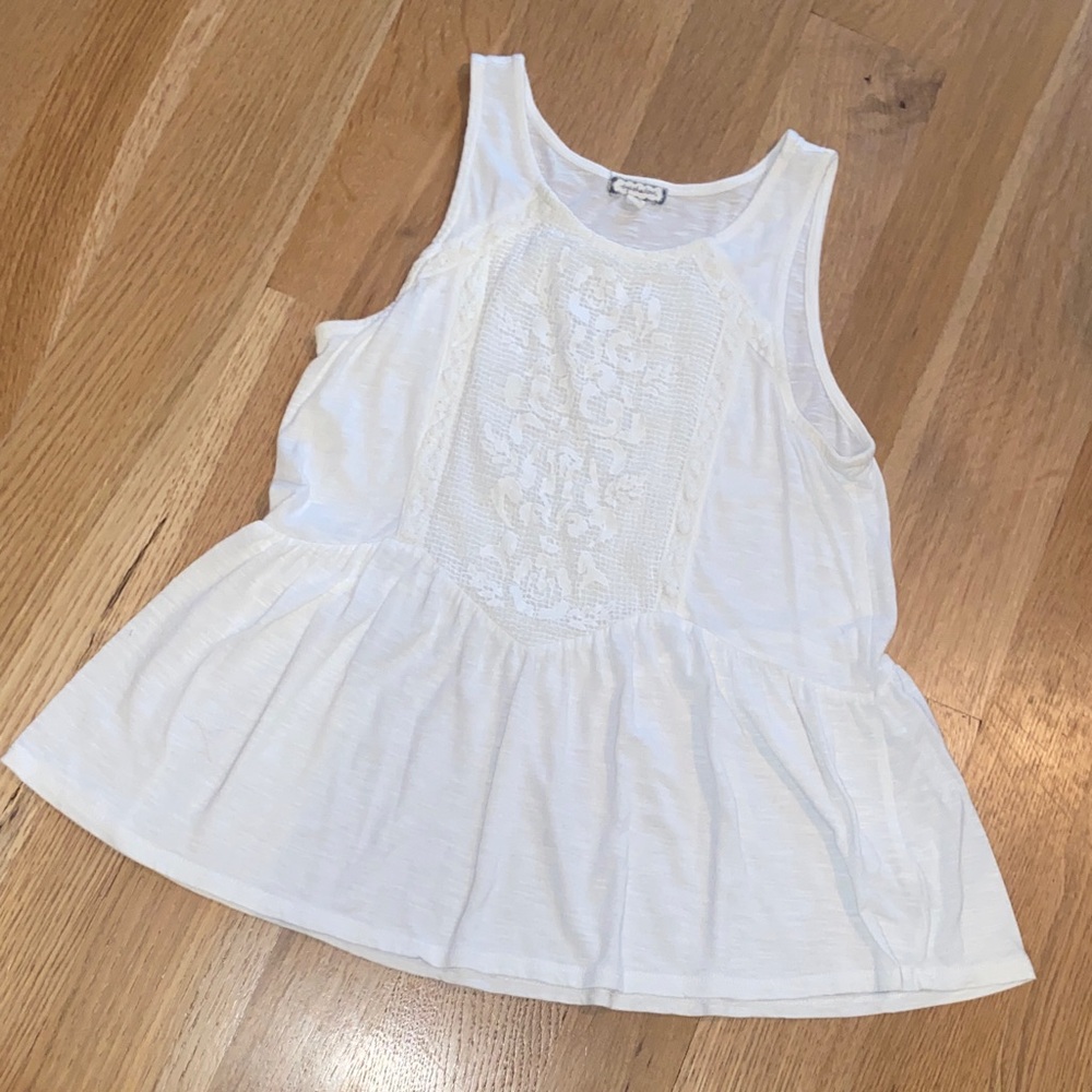 Lace Mesh Front Panel Peplum Cream Tank Top Sleeveless Cotton Flax Blend Blouse